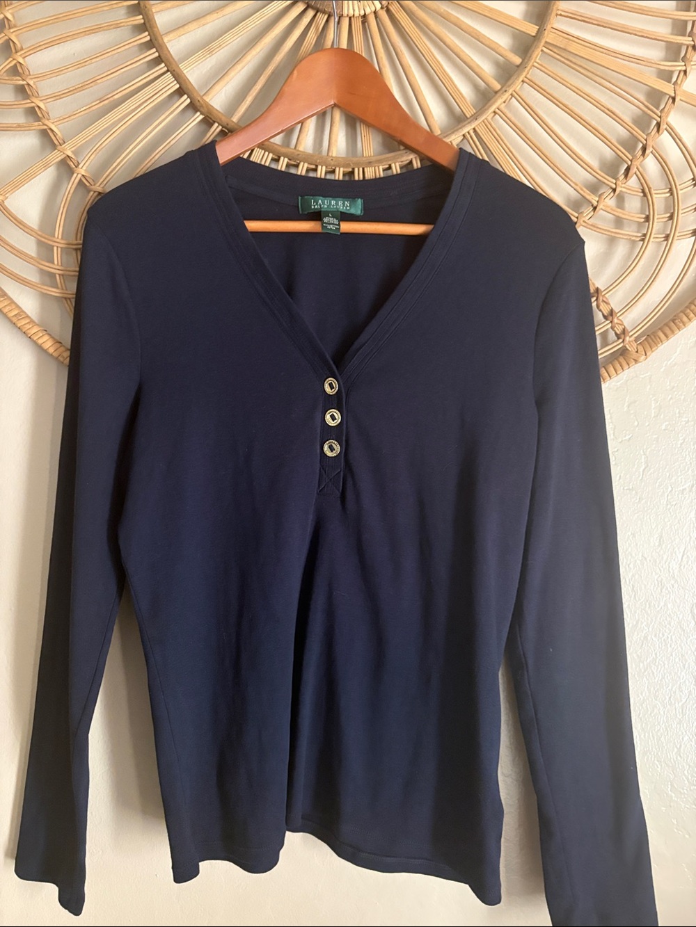 Lauren Ralph Lauren Navy Long-Sleeve V-Neck Henley Top with Buttons